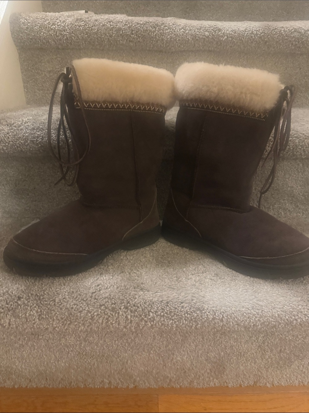 UGG Brown Suede Shearling-Lined Lace-Up Mid-Calf Boots - Picture 2 of 5